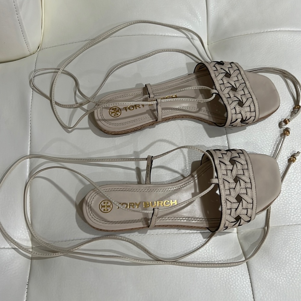 Tory Burch basket weave espadrille sandals with lace up ankle straps